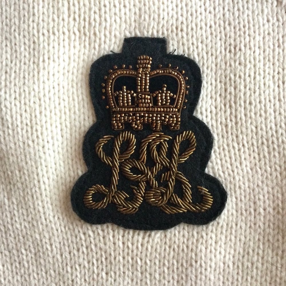 Ralph Lauren LRL Insignia Crest Cotton Sweater 1X Ivory Faux Blouse Collar